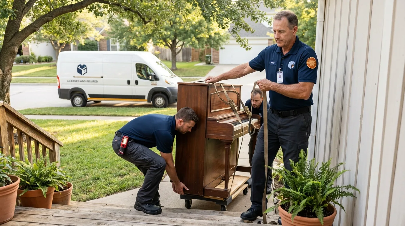 Licensed piano movers securing grand piano in Oxford, MS