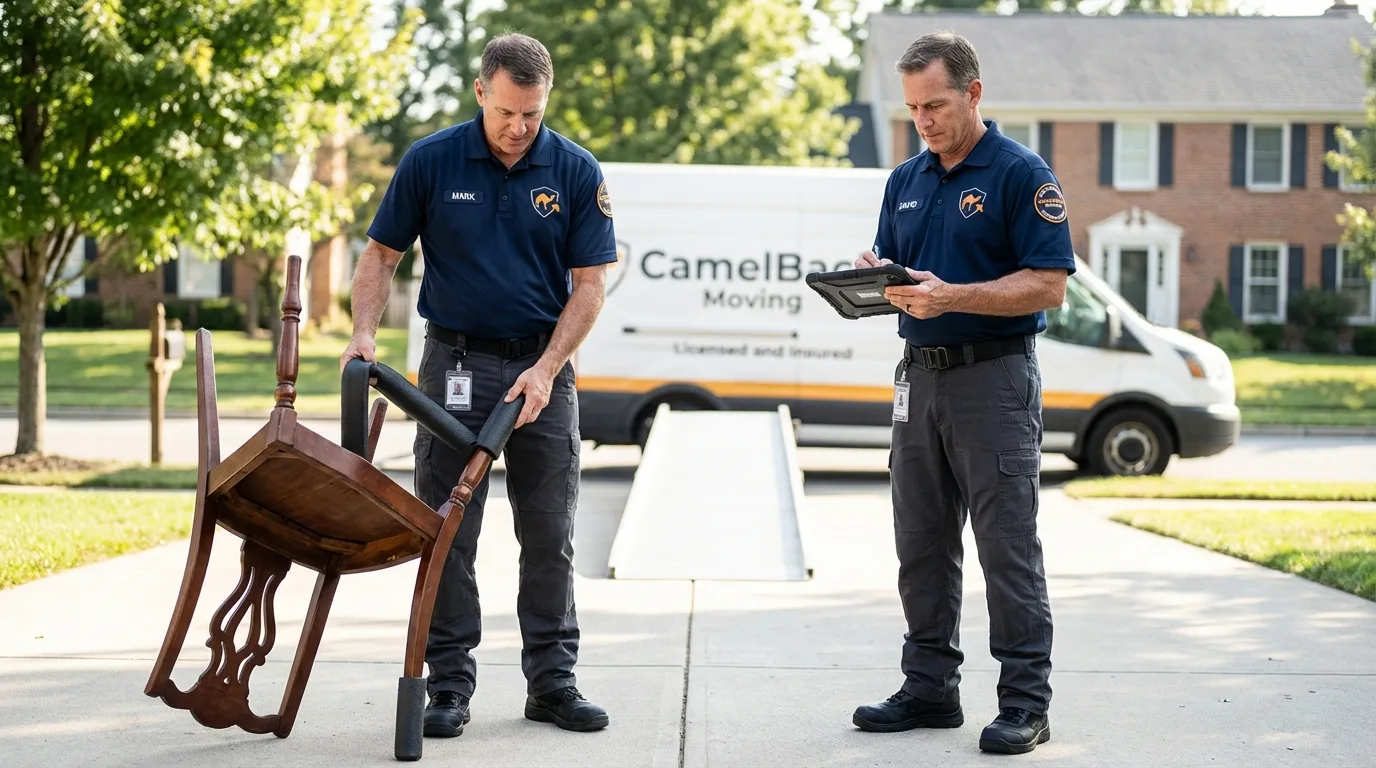 Movers inspecting furniture for damage prevention before loading in Oxford, MS