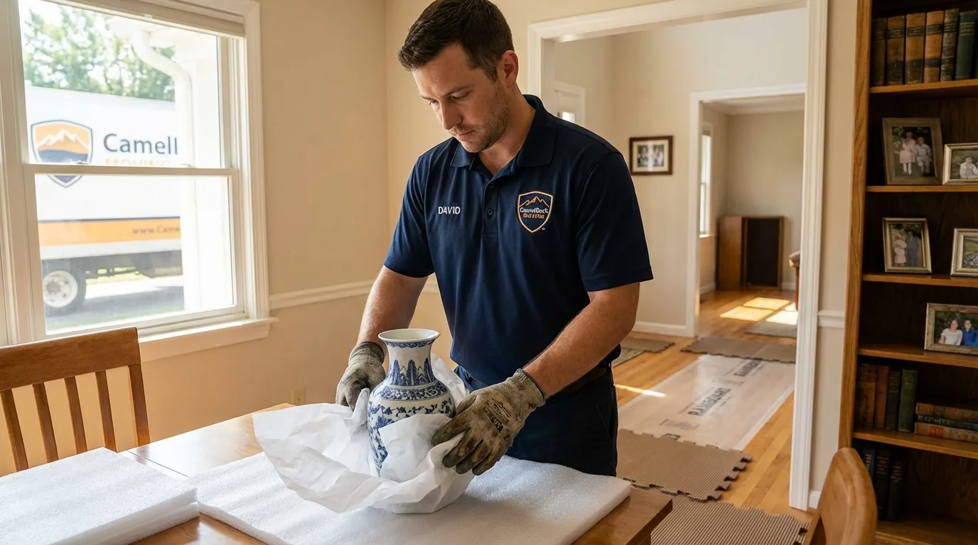 Professional crew carefully wrapping antique vase for senior downsizing move in Oxford, MS
